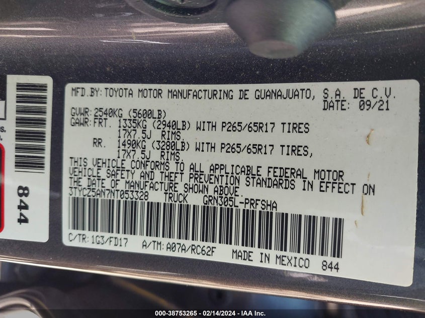 VIN 3TYCZ5AN7NT053328 2022 TOYOTA TACOMA DOUBLE CAB/SR/SR5/TRD SPO