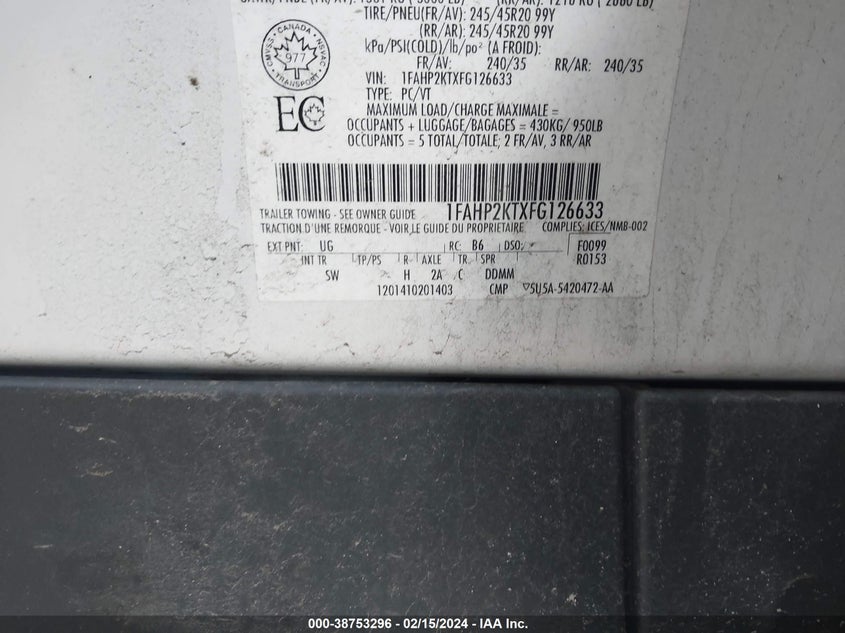 2015 FORD TAURUS SHO - 1FAHP2KTXFG126633