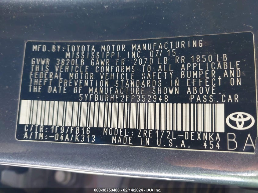 2015 TOYOTA COROLLA L/LE/LE PLS/PRM/S/S PLS - 5YFBURHE2FP352948