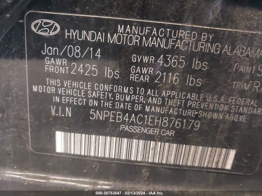 2014 Hyundai Sonata Gls VIN: 5NPEB4AC1EH876179 Lot: 39226064