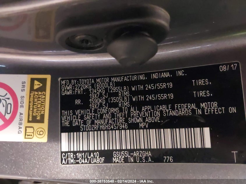 VIN 5TDDZRFH6HS457946 2017 TOYOTA HIGHLANDER LIMITED/LTD PLATINUM