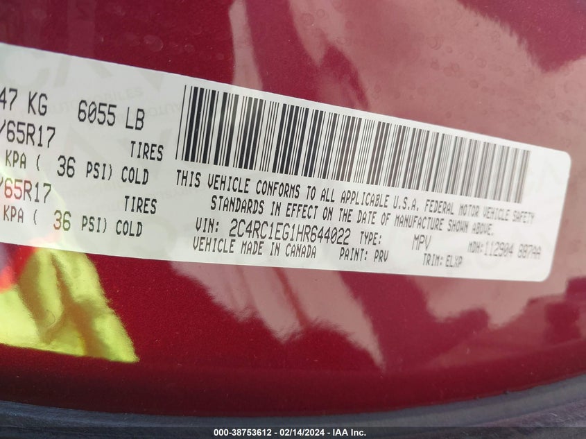 VIN 2C4RC1EG1HR644022 2017 CHRYSLER PACIFICA TOURING L PLUS