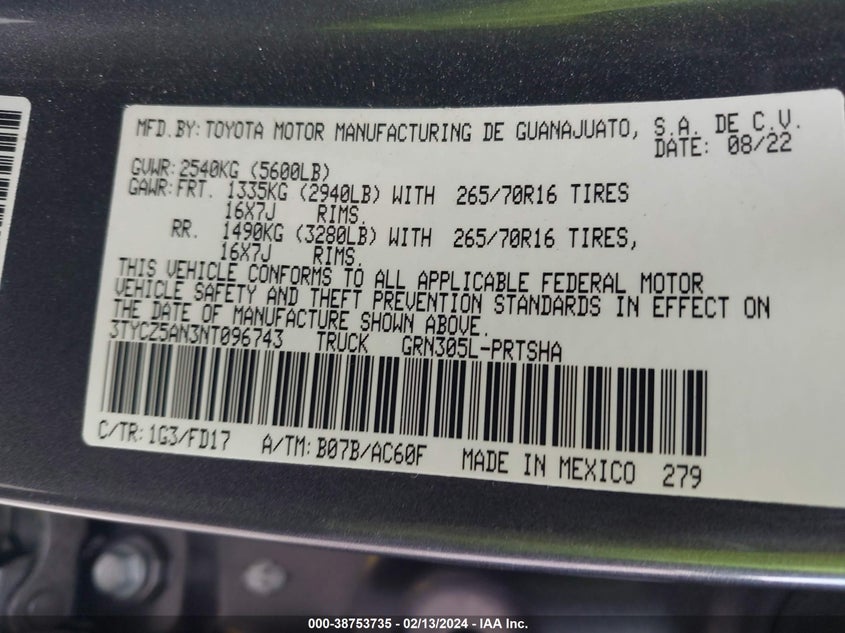 VIN 3TYCZ5AN3NT096743 2022 TOYOTA TACOMA TRD OFF ROAD