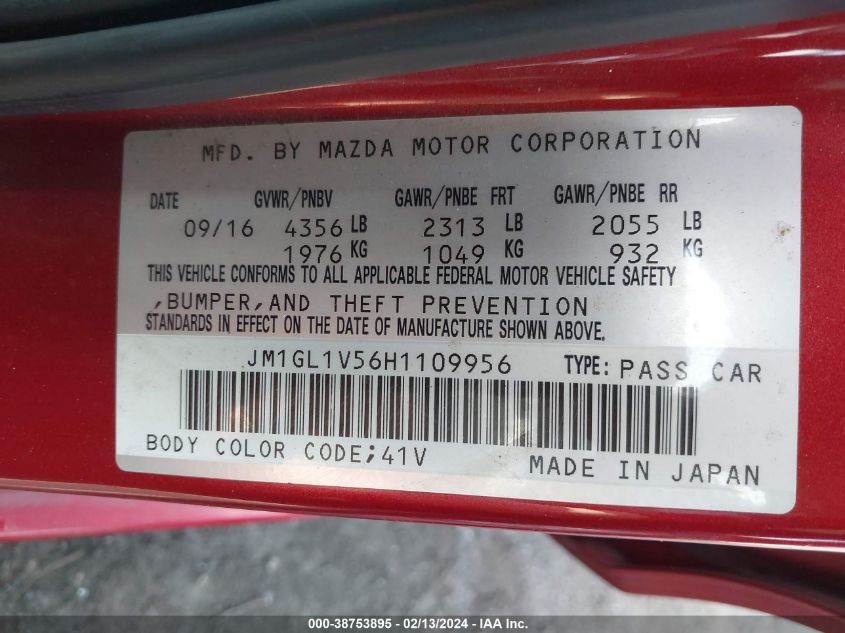 VIN JM1GL1V56H1109956 2017 MAZDA MAZDA6 TOURING