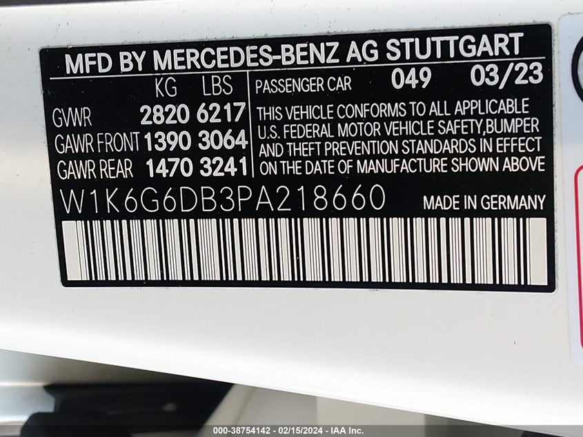 2023 MERCEDES-BENZ S 500 VIN: W1K6G6DB3PA218660