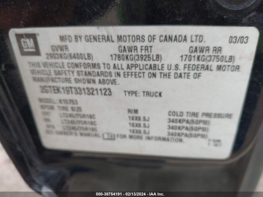 2GTEK19T331321123 2003 GMC Sierra 1500 Slt