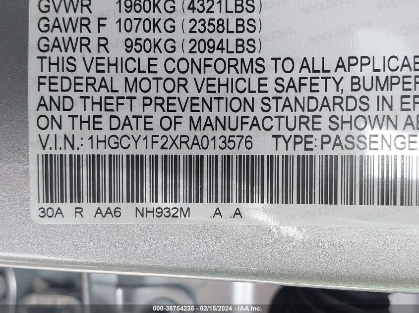 2024 Honda Accord Lx VIN: 1HGCY1F2XRA013576 Lot: 38754235