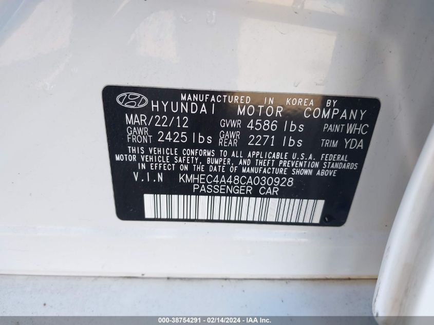 2012 Hyundai Sonata Hybrid VIN: KMHEC4A48CA030928 Lot: 38754291