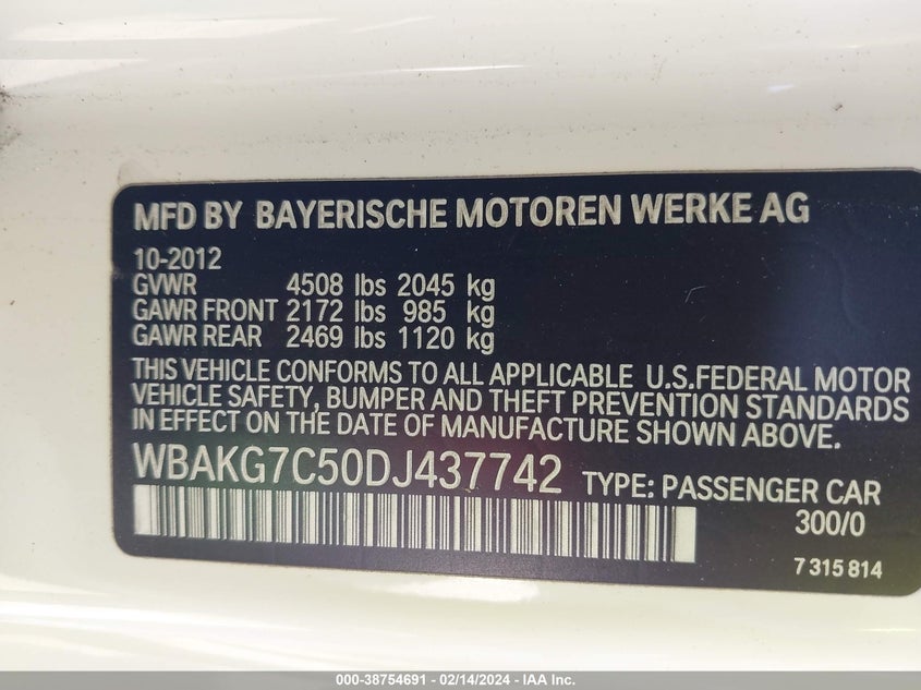 2013 BMW 335I - WBAKG7C50DJ437742