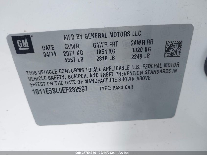 2014 Chevrolet Malibu 2Lt VIN: 1G11E5SL0EF282597 Lot: 38754730