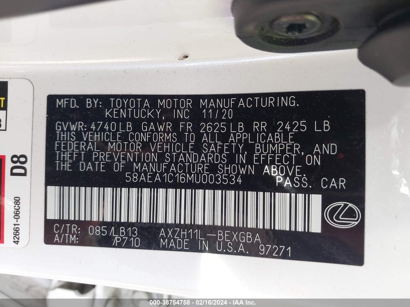 2021 LEXUS ES 300H LUXURY - 58AEA1C16MU003534