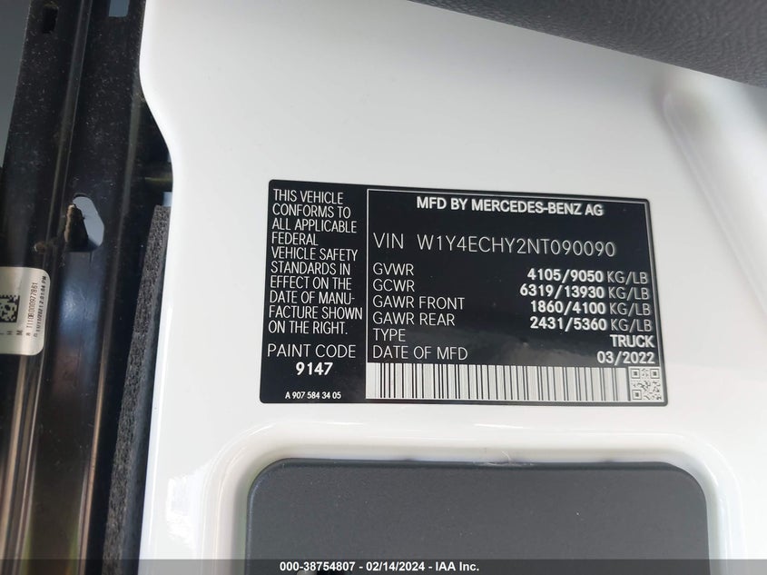2022 MERCEDES-BENZ SPRINTER VIN: W1Y4ECHY2NT090090