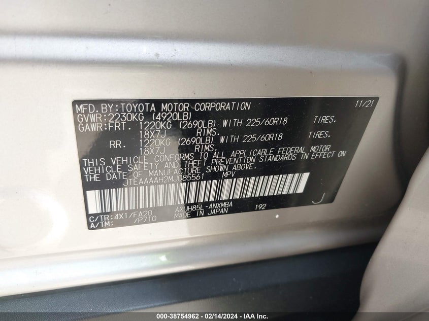 VIN JTEAAAAH2MJ085561 2021 TOYOTA VENZA LE