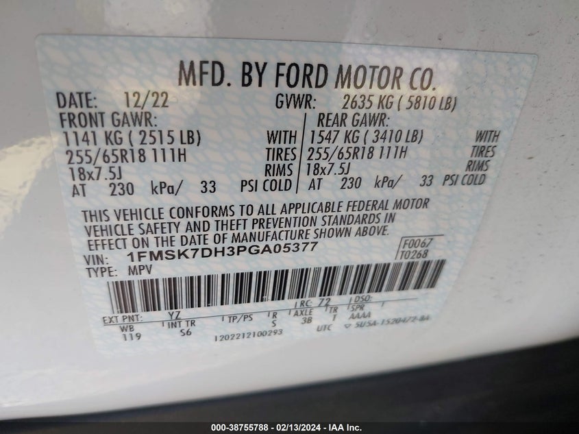 VIN 1FMSK7DH3PGA05377 2023 FORD EXPLORER XLT