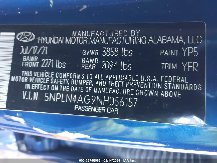 VIN 5NPLN4AG9NH056157 2022 HYUNDAI ELANTRA SEL