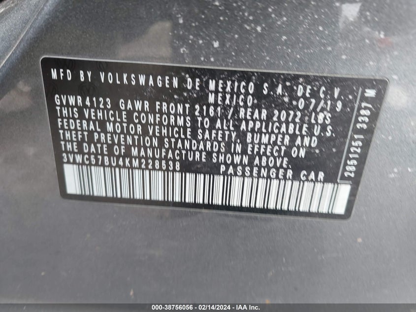 VIN 3VWC57BU4KM228538 2019 VOLKSWAGEN JETTA S/SE/R-LINE