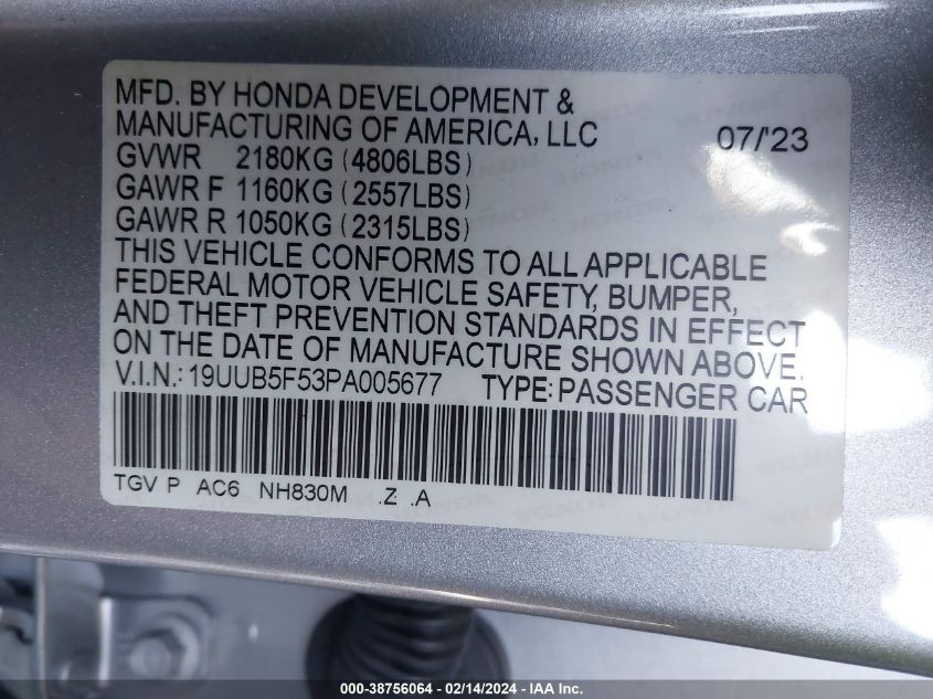 2023 Acura Tlx A-Spec Package VIN: 19UUB5F53PA005677 Lot: 38756064