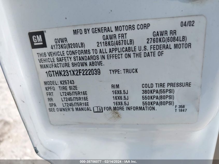 2002 GMC Sierra 2500Hd Sle VIN: 1GTHK231X2F222039 Lot: 38756077