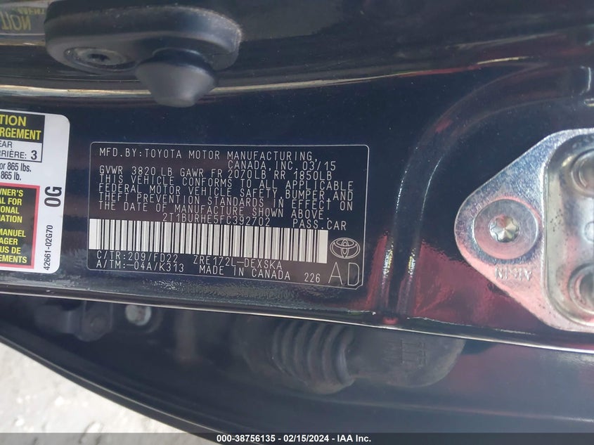 2015 TOYOTA COROLLA L/LE/LE PLS/PRM/S/S PLS - 2T1BURHE5FC392702