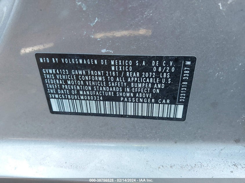 VIN 3VWC57BU9LM080324 2020 VOLKSWAGEN JETTA S/SE/R-LINE