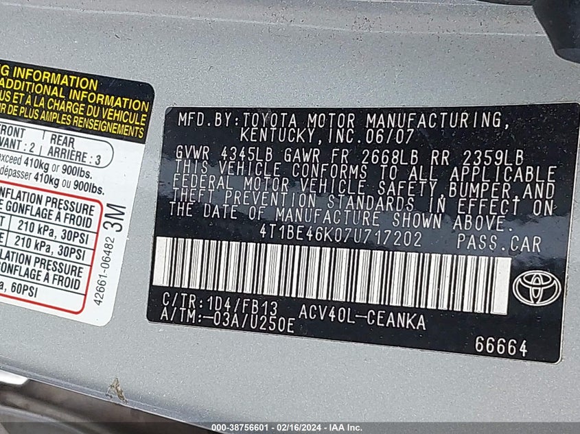 2007 Toyota Camry Le VIN: 4T1BE46K07U717202 Lot: 38756601