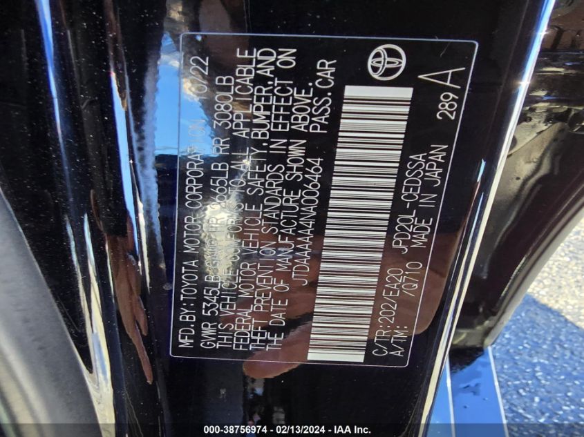 2022 Toyota Mirai Le VIN: JTDAAAAA4NA006464 Lot: 38756974