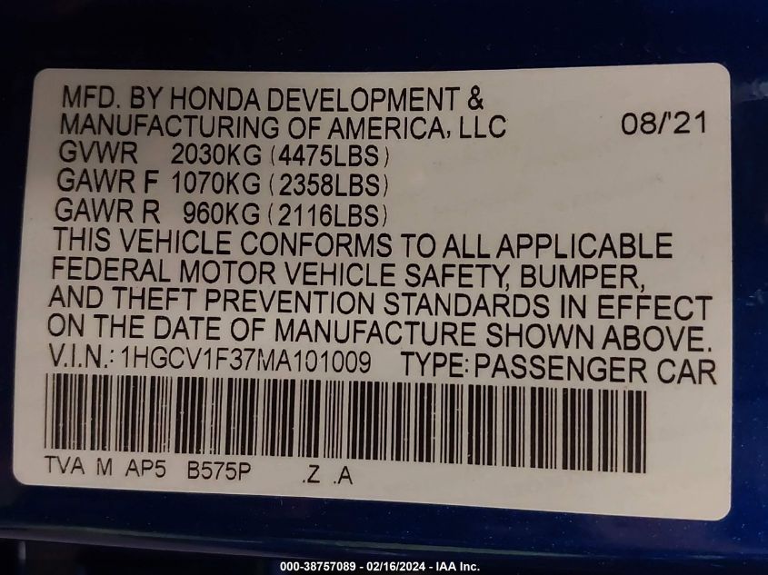 2021 Honda Accord Sport VIN: 1HGCV1F37MA101009 Lot: 38757089