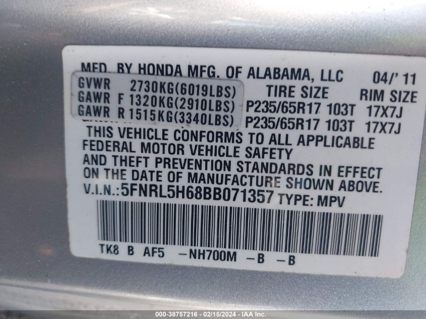 2011 Honda Odyssey Ex-L VIN: 5FNRL5H68BB071357 Lot: 38757216