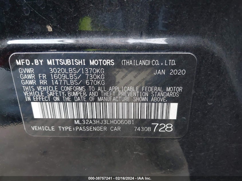 2020 MITSUBISHI MIRAGE ES - ML32A3HJ3LH006081