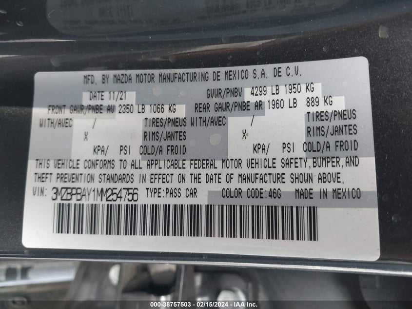 VIN 3MZBPBAY1MM254756 2021 MAZDA MAZDA3 2.5 TURBO