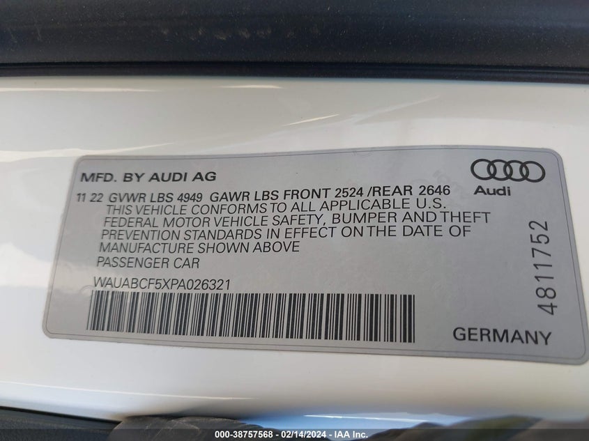 2023 AUDI A5 SPORTBACK PREMIUM 40 TFSI QUATTRO S TRONIC - WAUABCF5XPA026321