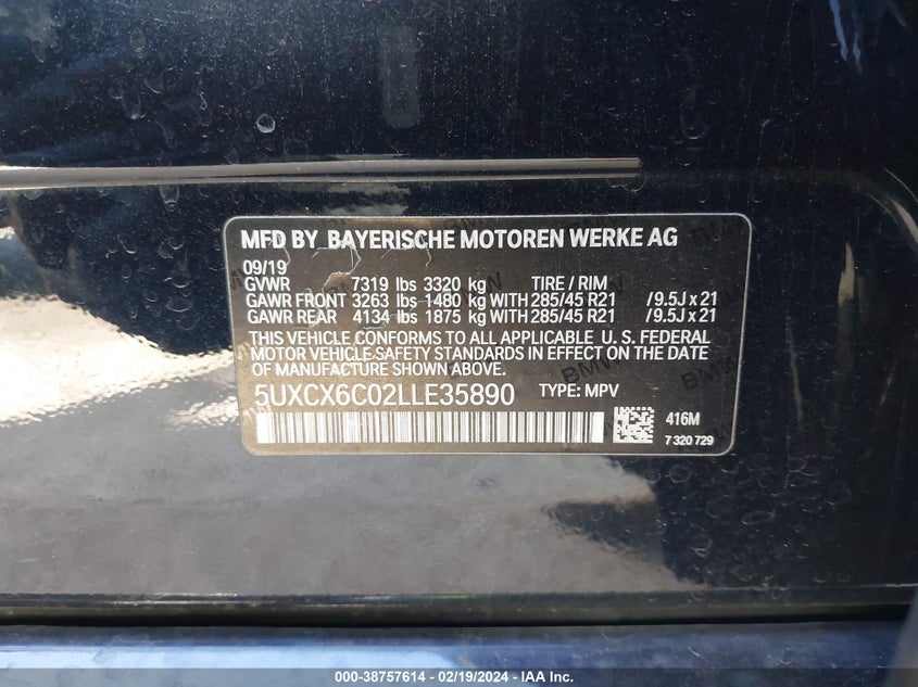 VIN 5UXCX6C02LLE35890 2020 BMW X7 M50I