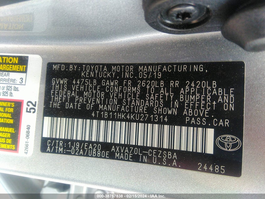 2019 TOYOTA CAMRY L/LE/XLE/SE/XSE - 4T1B11HK4KU271314