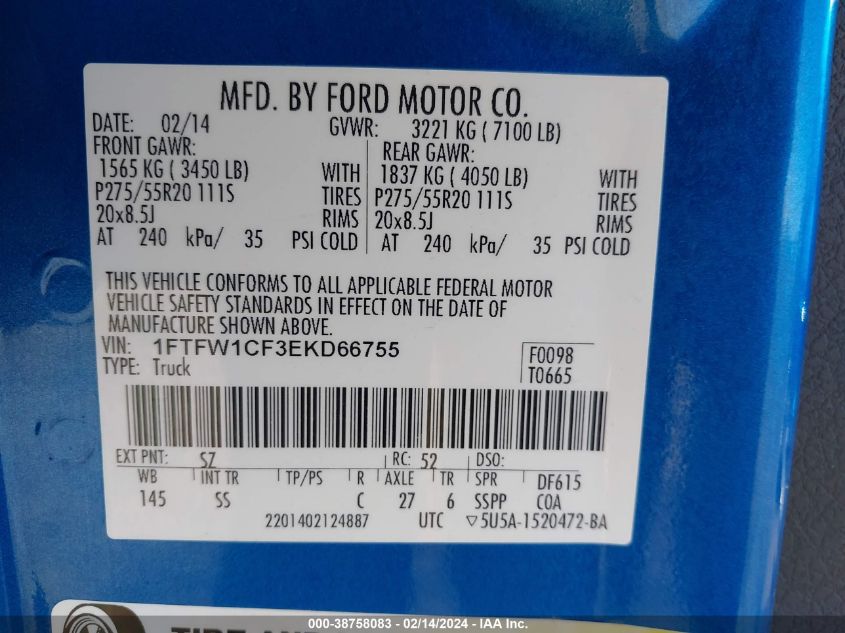 1FTFW1CF3EKD66755 2014 Ford F-150 Stx