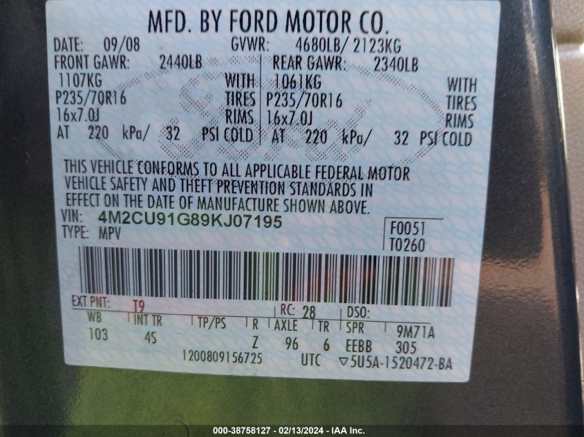 2009 Mercury Mariner V6 VIN: 4M2CU91G89KJ07195 Lot: 38758127