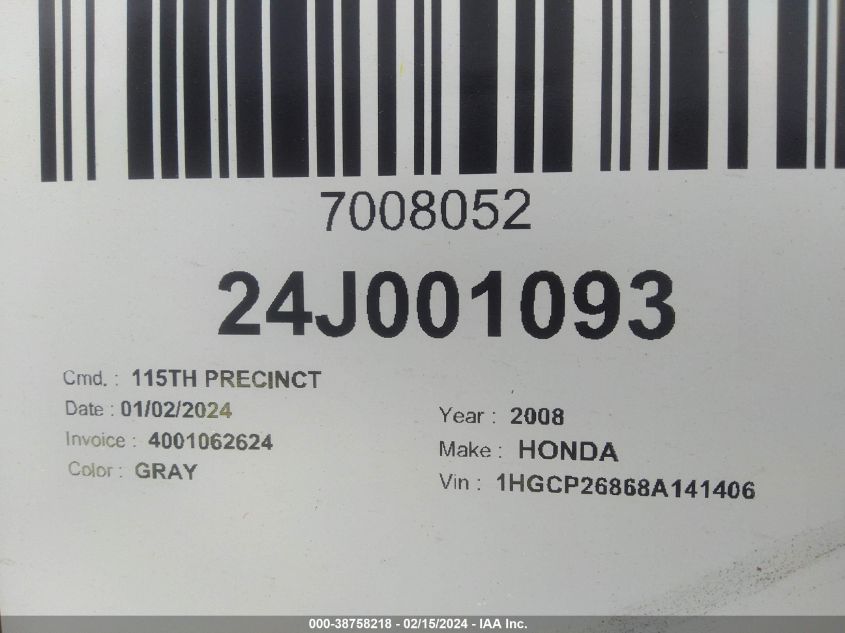 2008 Honda Accord 2.4 Ex-L VIN: 1HGCP26868A141406 Lot: 40688330