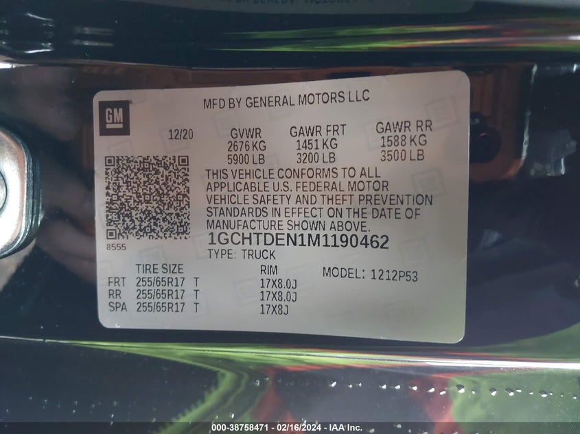 2021 CHEVROLET COLORADO 3.6L V6 FI DOHC 24V (VIN: 1GCHTDEN1M1190462