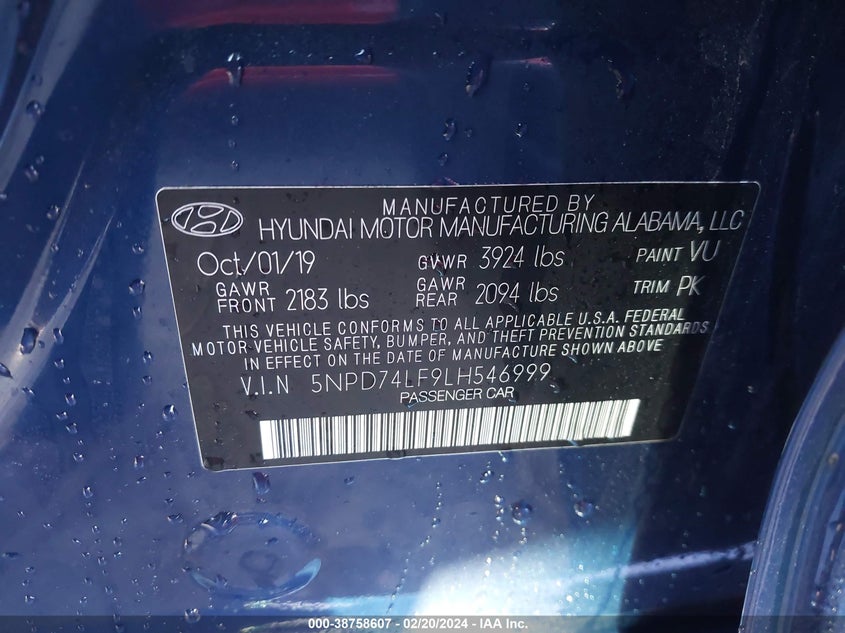 VIN 5NPD74LF9LH546999 2020 HYUNDAI ELANTRA SE