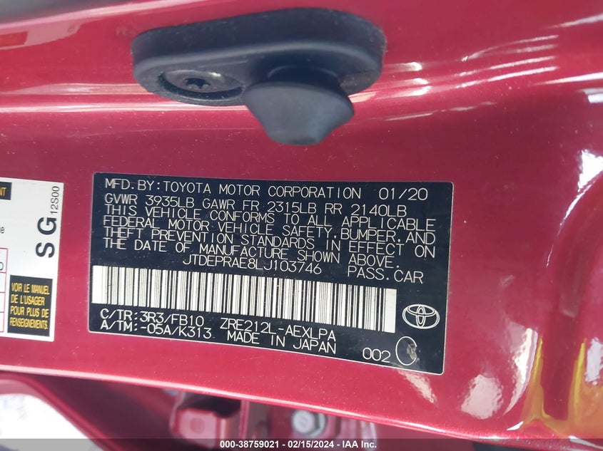 VIN JTDEPRAE8LJ103746 2020 TOYOTA COROLLA LE