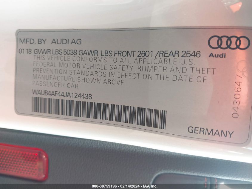 WAUB4AF44JA124438 2018 Audi S4 3.0T Premium Plus