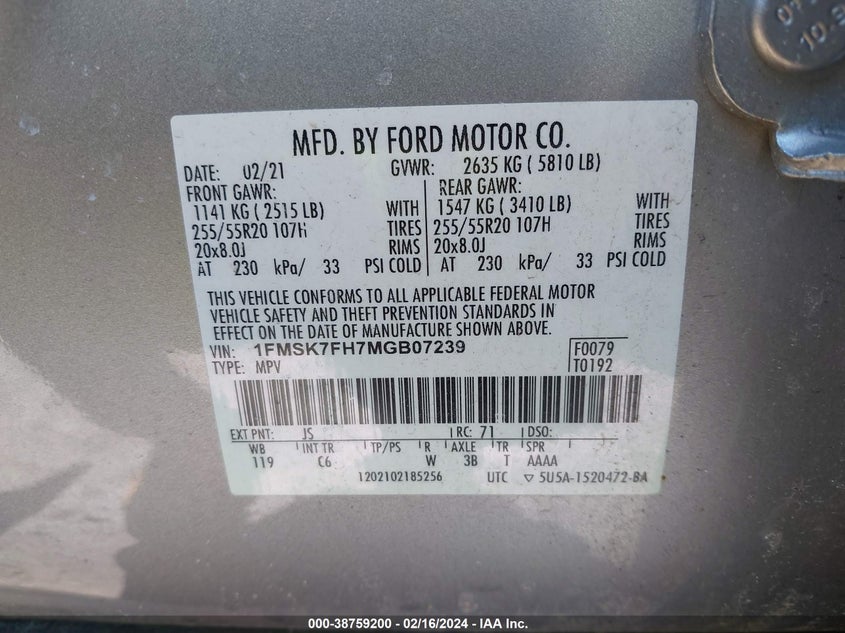 VIN 1FMSK7FH7MGB07239 2021 FORD EXPLORER LIMITED
