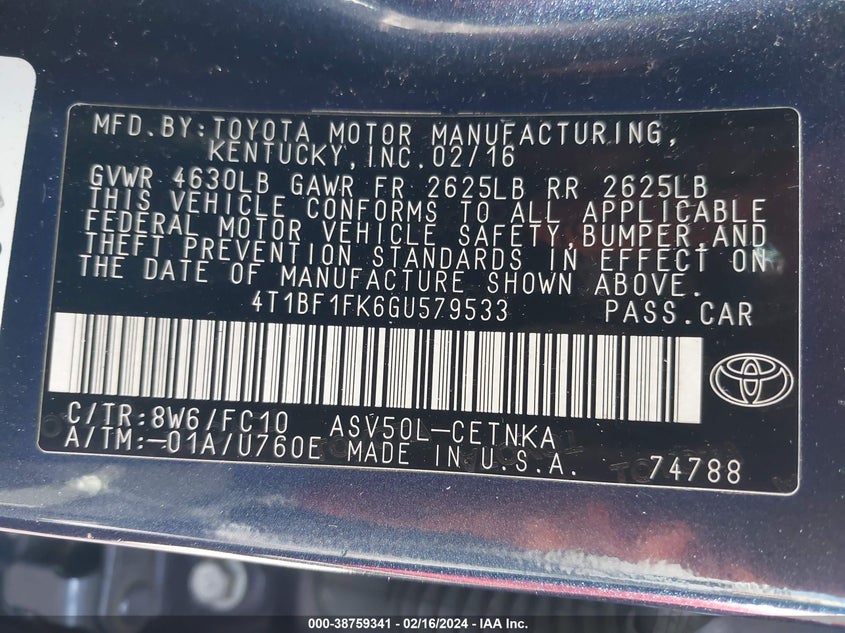 2016 TOYOTA CAMRY VIN: 4T1BF1FK6GU579533