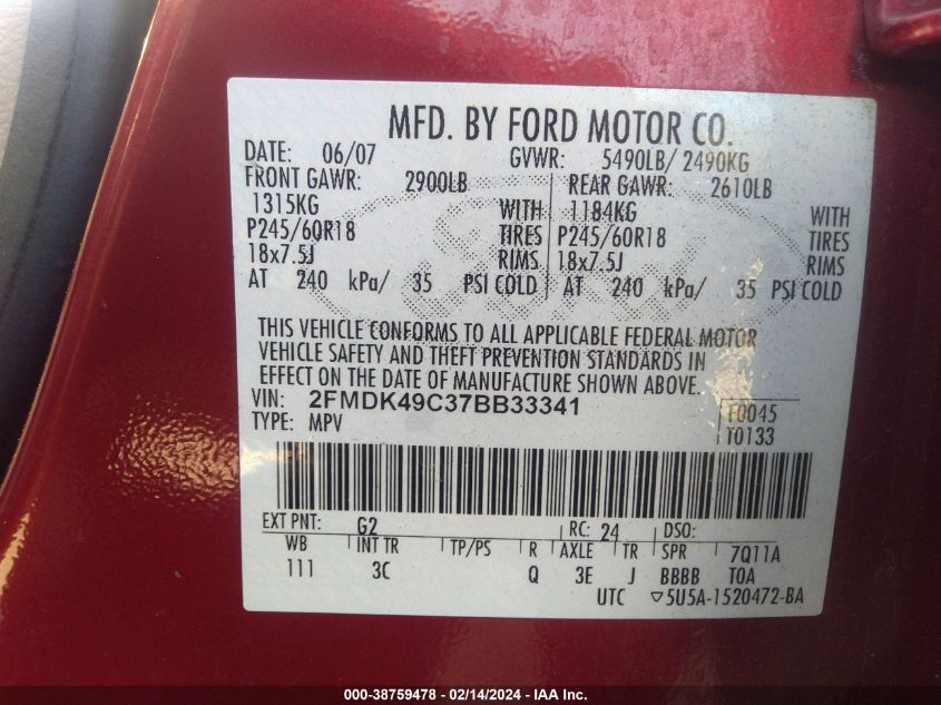 2007 Ford Edge Sel Plus VIN: 2FMDK49C37BB33341 Lot: 38759478