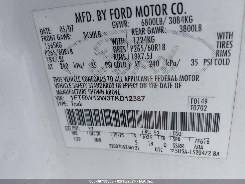 2007 Ford F-150 Xlt VIN: 1FTRW12W37KD12387 Lot: 38759509