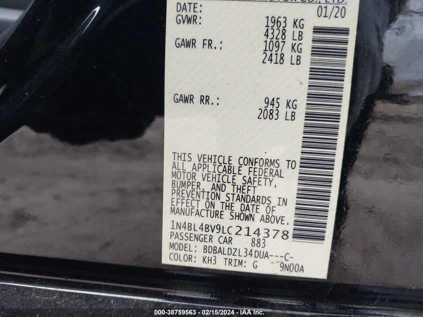 VIN 1N4BL4BV9LC214378 2020 NISSAN ALTIMA S