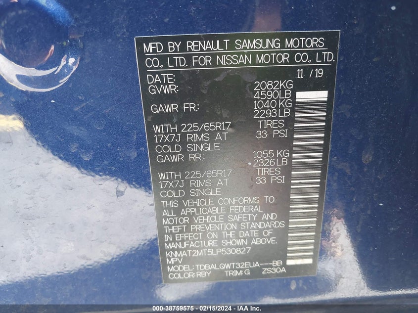 VIN KNMAT2MT5LP530827 2020 NISSAN ROGUE S/SV