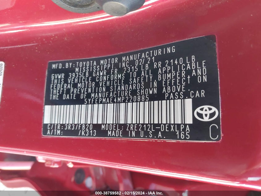 2021 TOYOTA COROLLA 1.8L I-4 DOHC, VVT, (VIN: 5YFEPMAE4MP220885