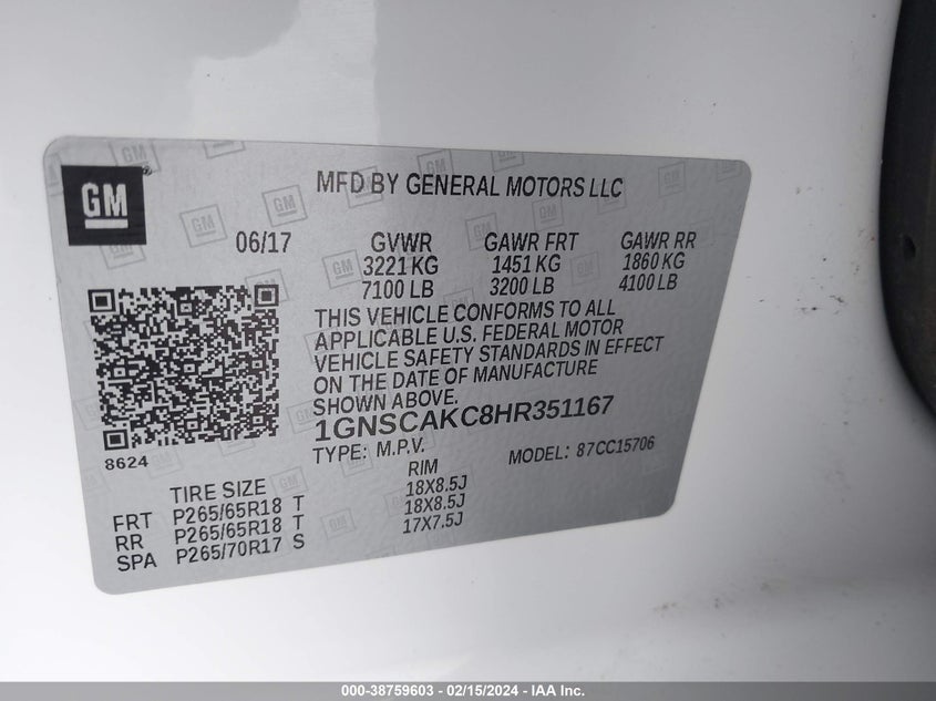 2017 CHEVROLET TAHOE C1500  LS - 1GNSCAKC8HR351167