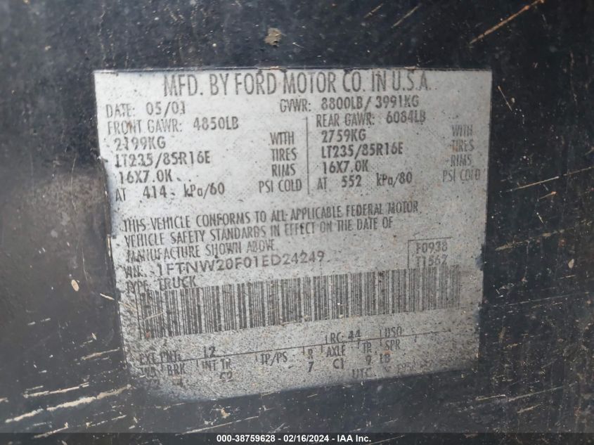 2001 Ford Super Duty F-250 Lariat/Xl/Xlt VIN: 1FTNW20F01ED24249 Lot: 38759628