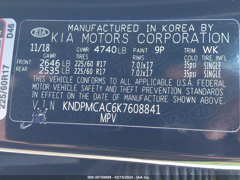 VIN KNDPMCAC6K7608841 2019 KIA SPORTAGE LX